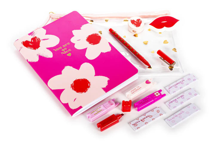 Posh Pop Transparent Case With Notebook, Pen, Mini Highlighters And Sticky Notes