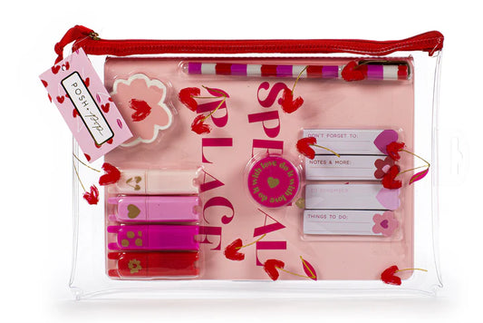 Posh Pop Transparent Case With Notebook, Pen, Mini Highlighters And Sticky Notes