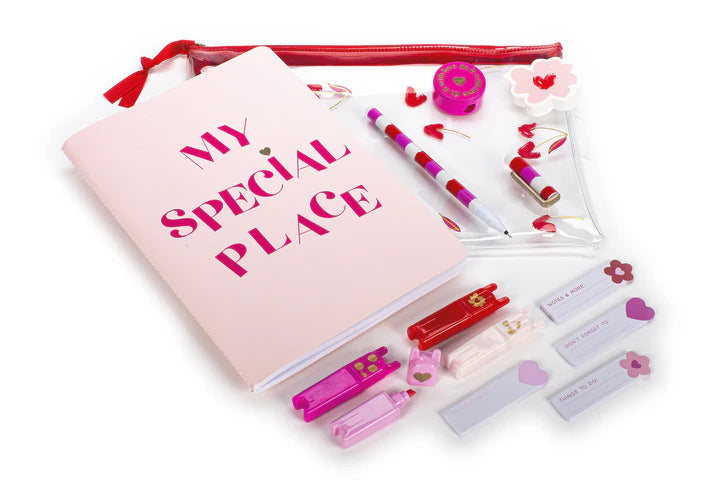 Posh Pop Transparent Case With Notebook, Pen, Mini Highlighters And Sticky Notes